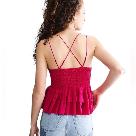 NWT FREE PEOPLE Adella Cami Cherry Red Lace Strappy Size XSmall - Picture 2 of 7